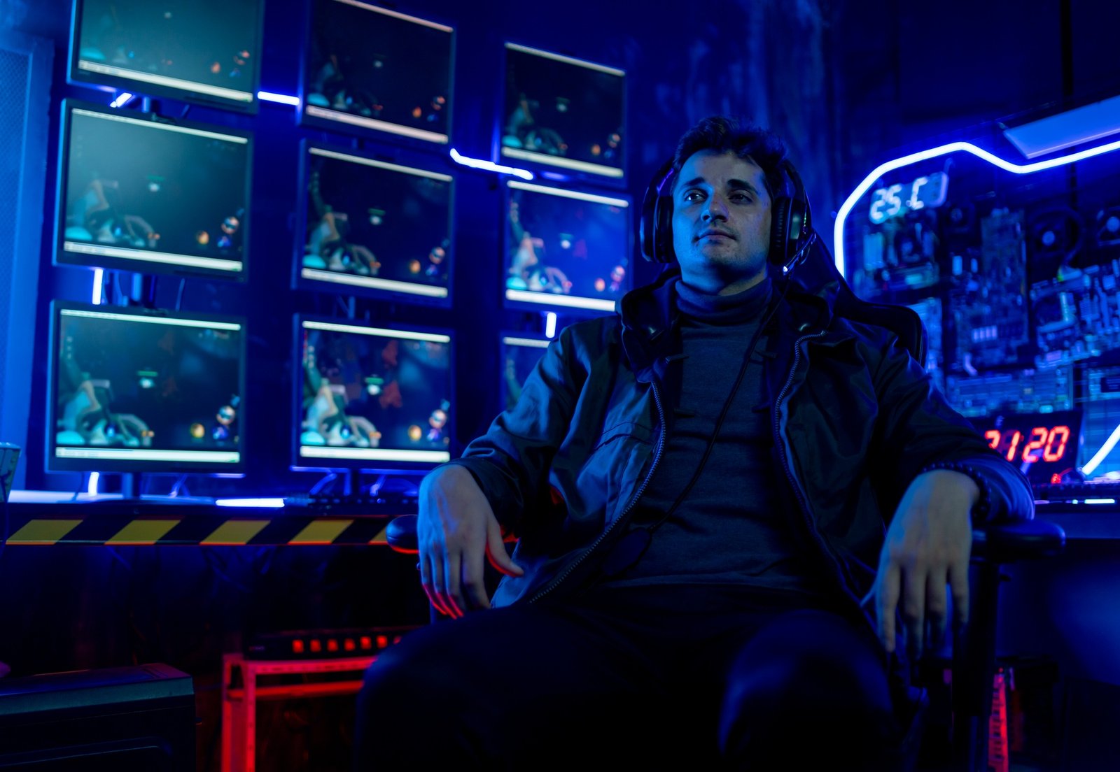 Caucasian gamer man sit with relax on chair and look forward with monitor of online game are in back